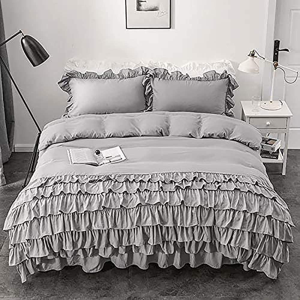 Luxury Cotton Frilled Duvet Set Light Grey - Aura Living