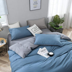 Plain Dyed Reversible Cotton Duvet Cover Set - Grey & Blue - Aura Living