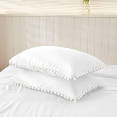 Luxury Cotton Satin Pom Fringe Duvet Cover Set-White - Aura Living