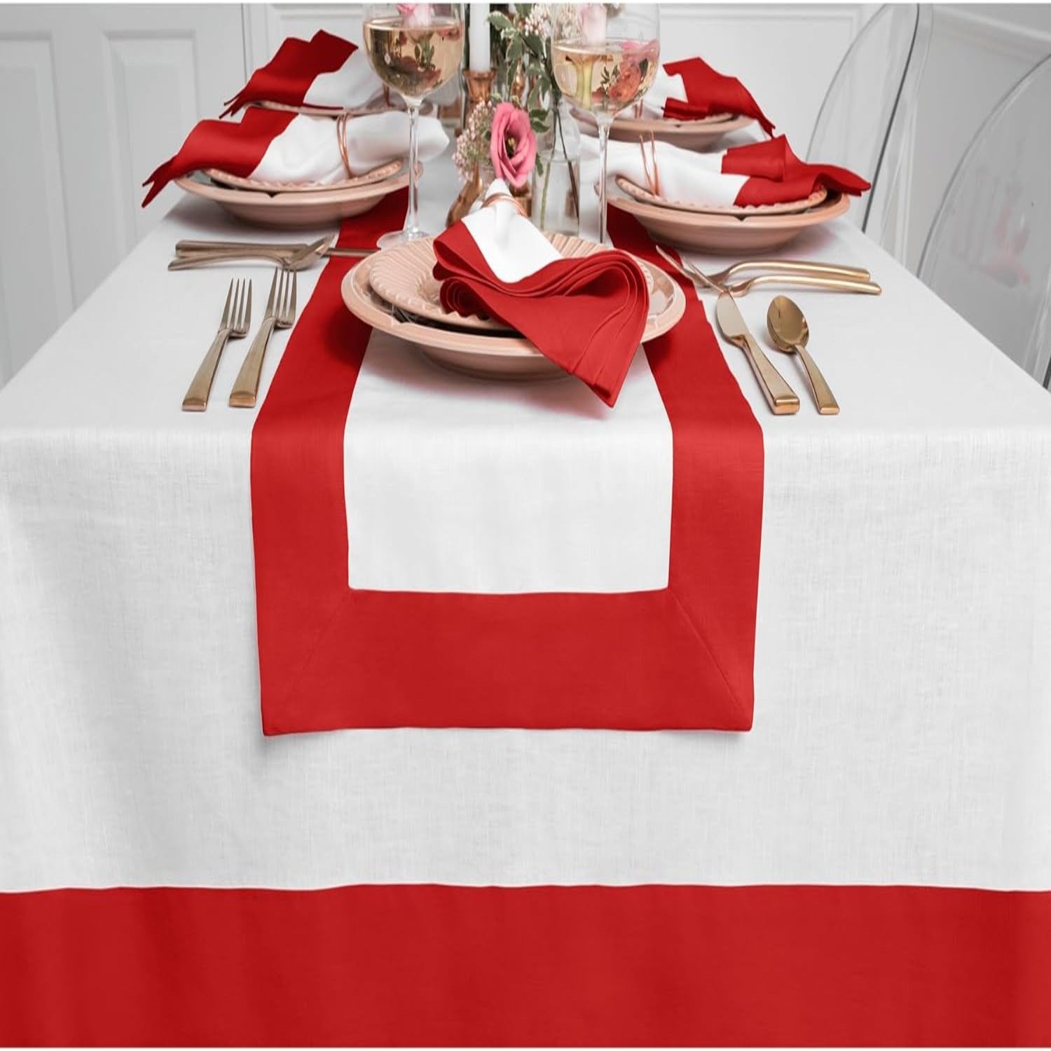 Cotton Luxury Dining Set Mited Corner Bordered - Red and White - Aura living