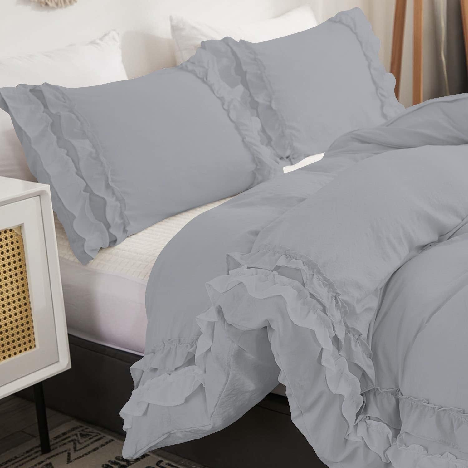 Luxury Cotton Frilled Duvet Set-Grey - Aura living