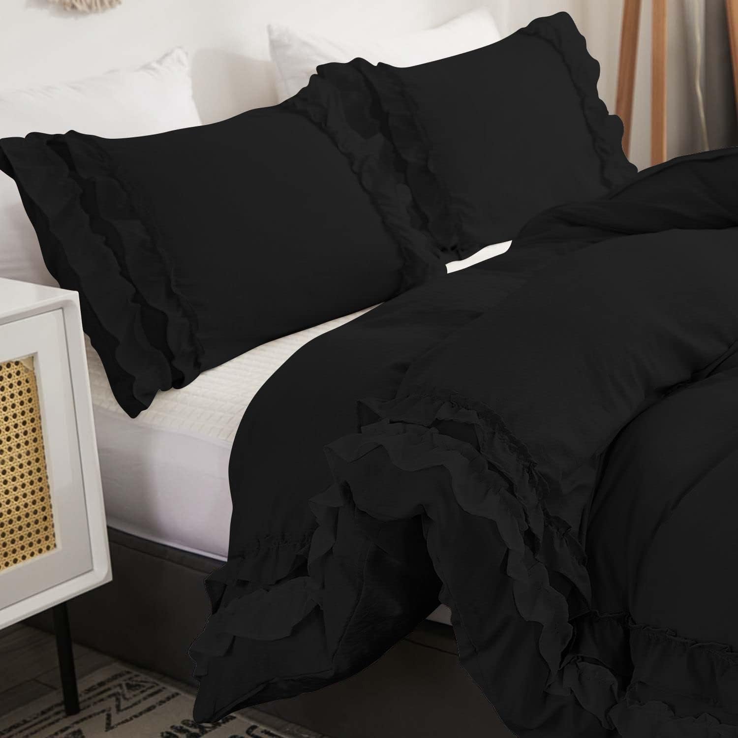 Luxury Cotton Frilled Duvet Set Black - Aura living