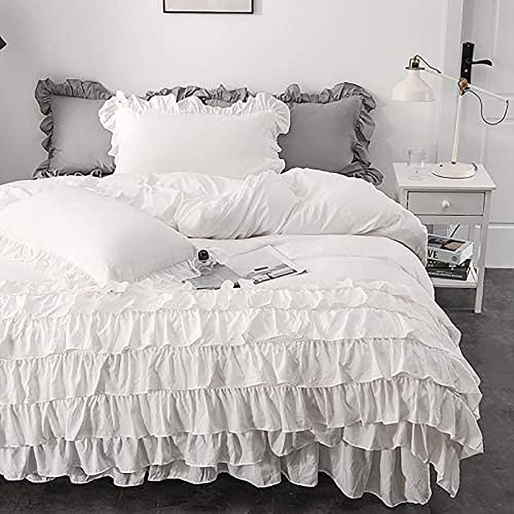 Luxury Cotton Frilled Duvet Set -White - Aura living