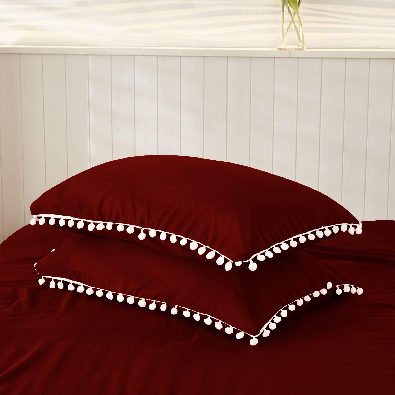 Luxury Cotton Satin Pom Fringe Duvet Cover Set-Burgundy - Aura Living