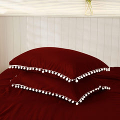 Luxury Cotton Satin Pom Fringe Duvet Cover Set-Burgundy - Aura Living