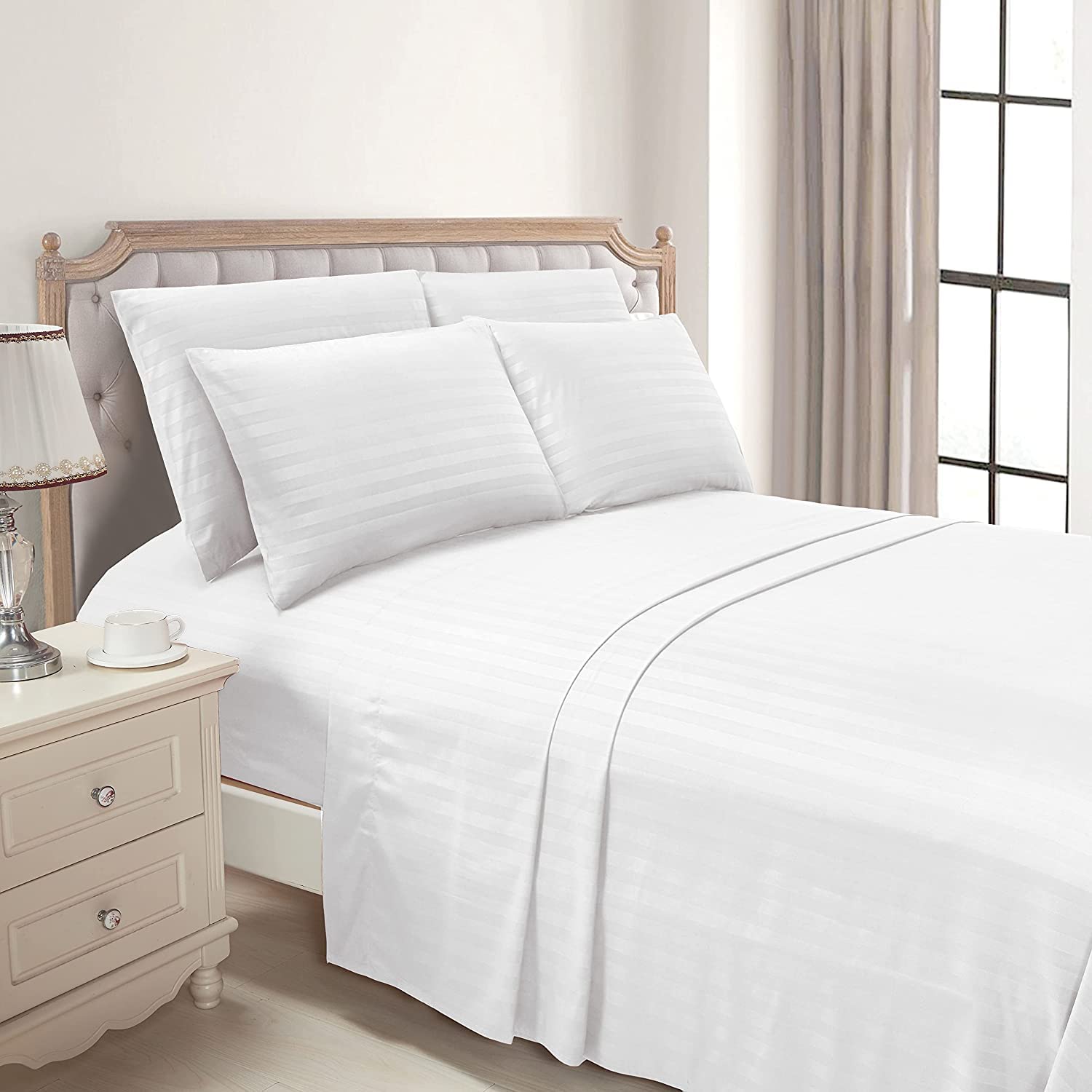 Luxury Strip Satin Bed sheet Set - White - Aura Living