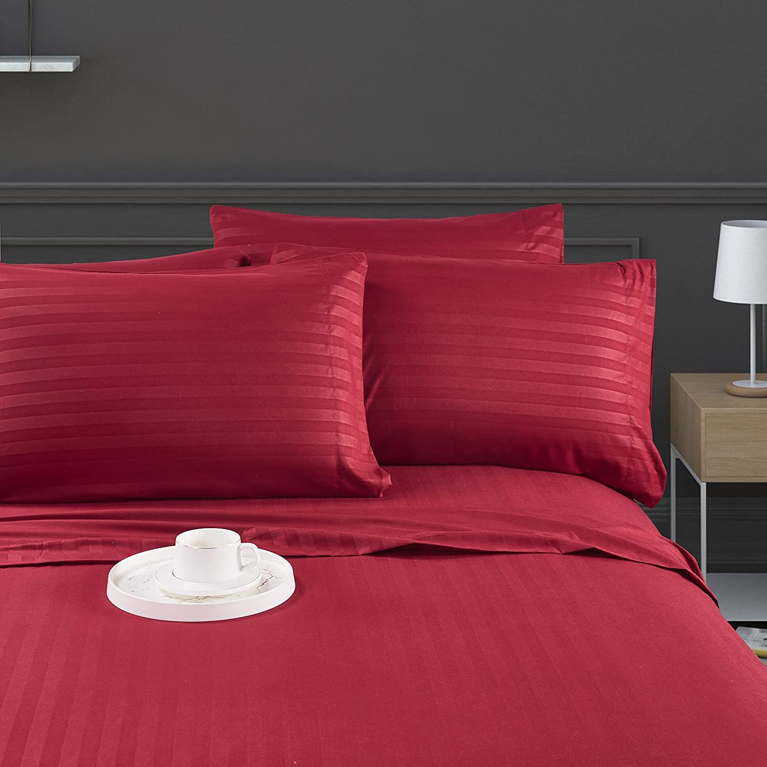 Luxury Strip Satin Bed sheet Set - Mahroon - Aura living