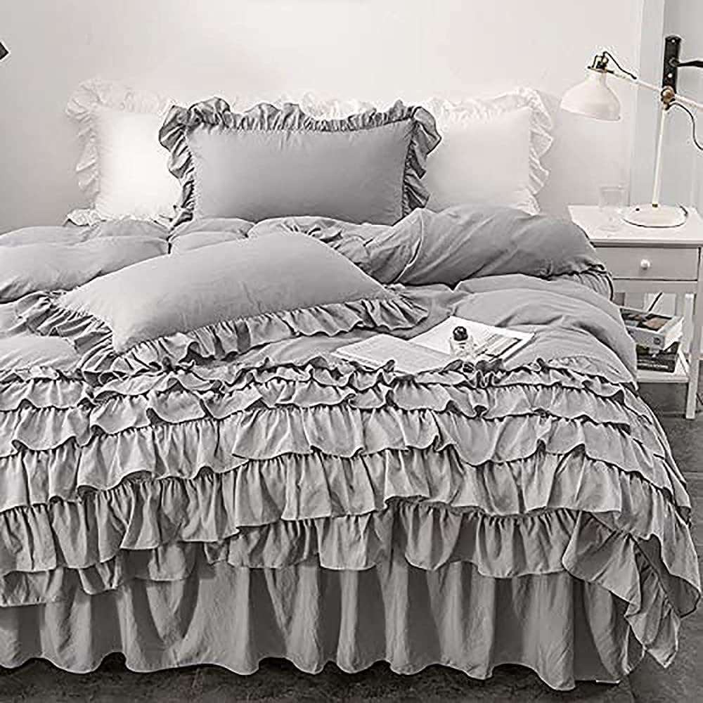 Luxury Cotton Frilled Duvet Set Light Grey - Aura Living