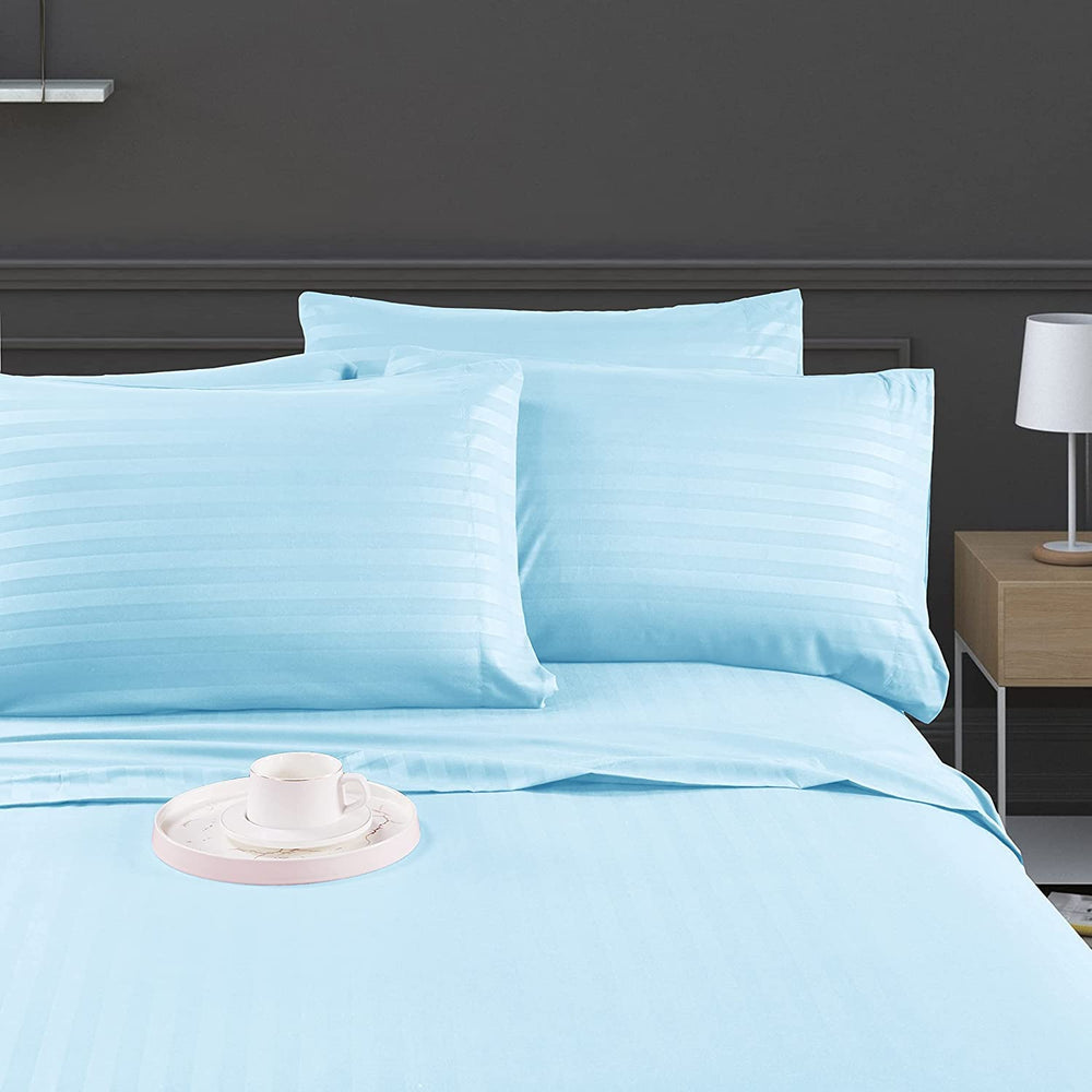 Luxury Strip Satin Bed sheet Set - Sky Blue - Aura Living