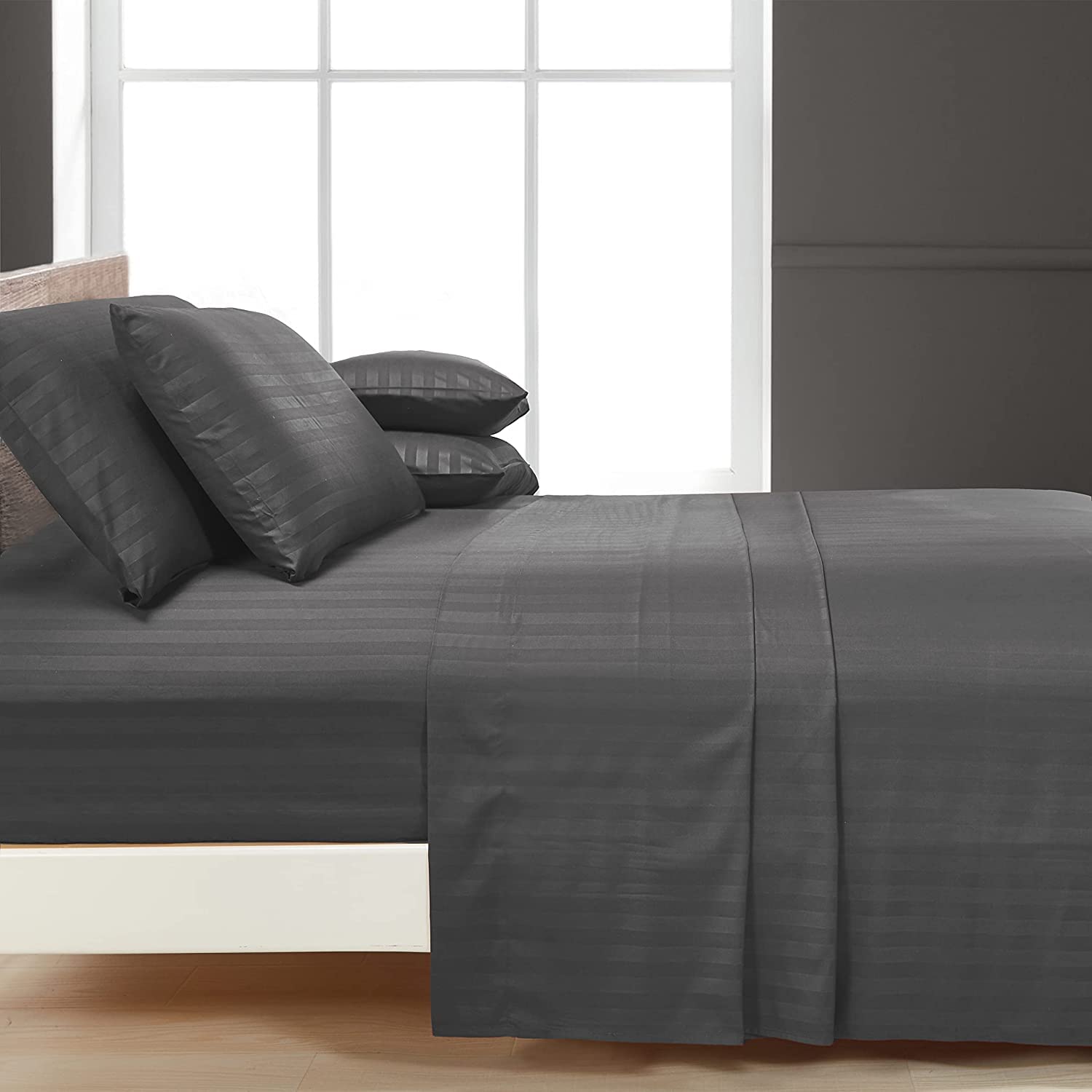 Luxury Strip Satin Bed sheet Set - Charcoal - Aura Living