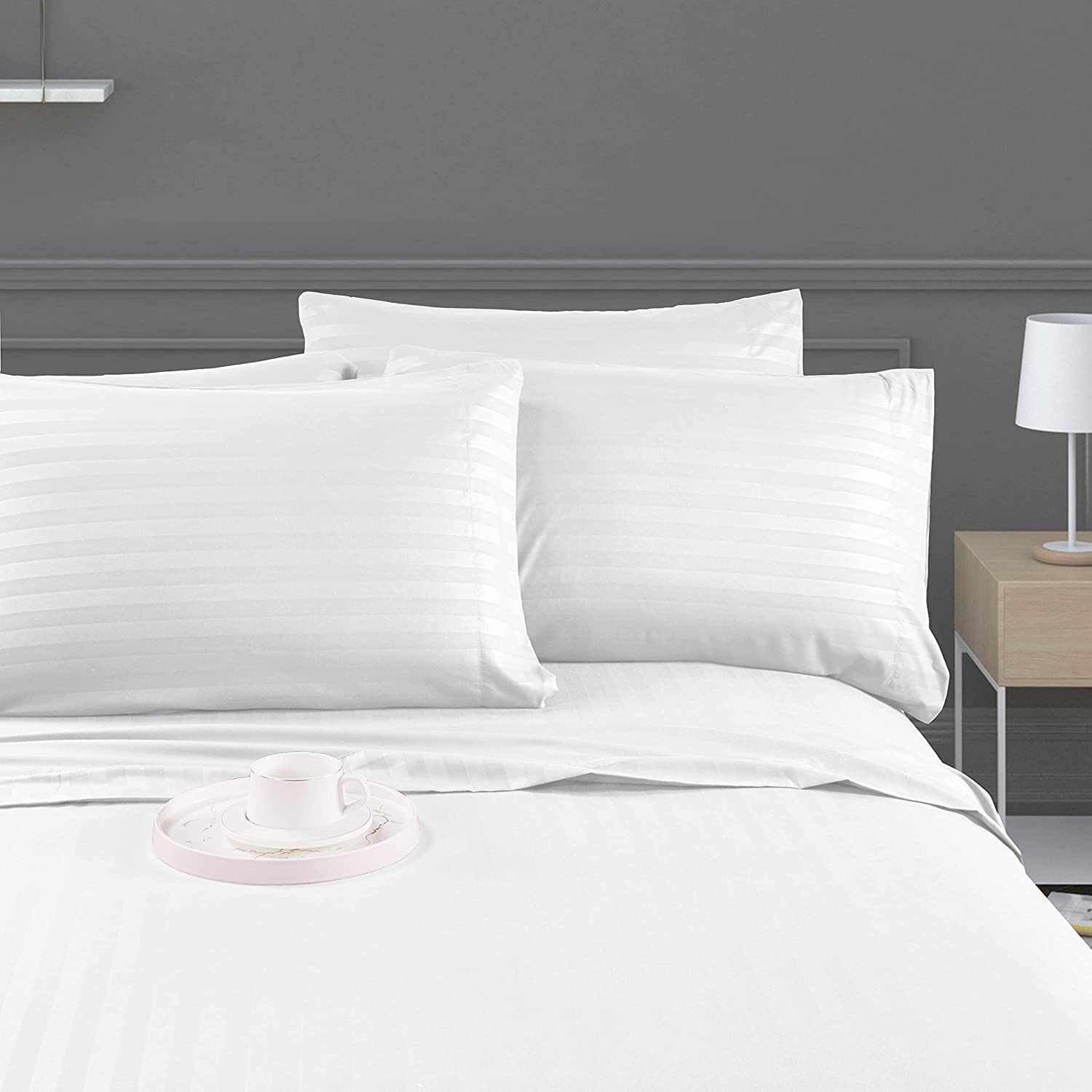 Luxury Strip Satin Bed sheet Set - White - Aura Living