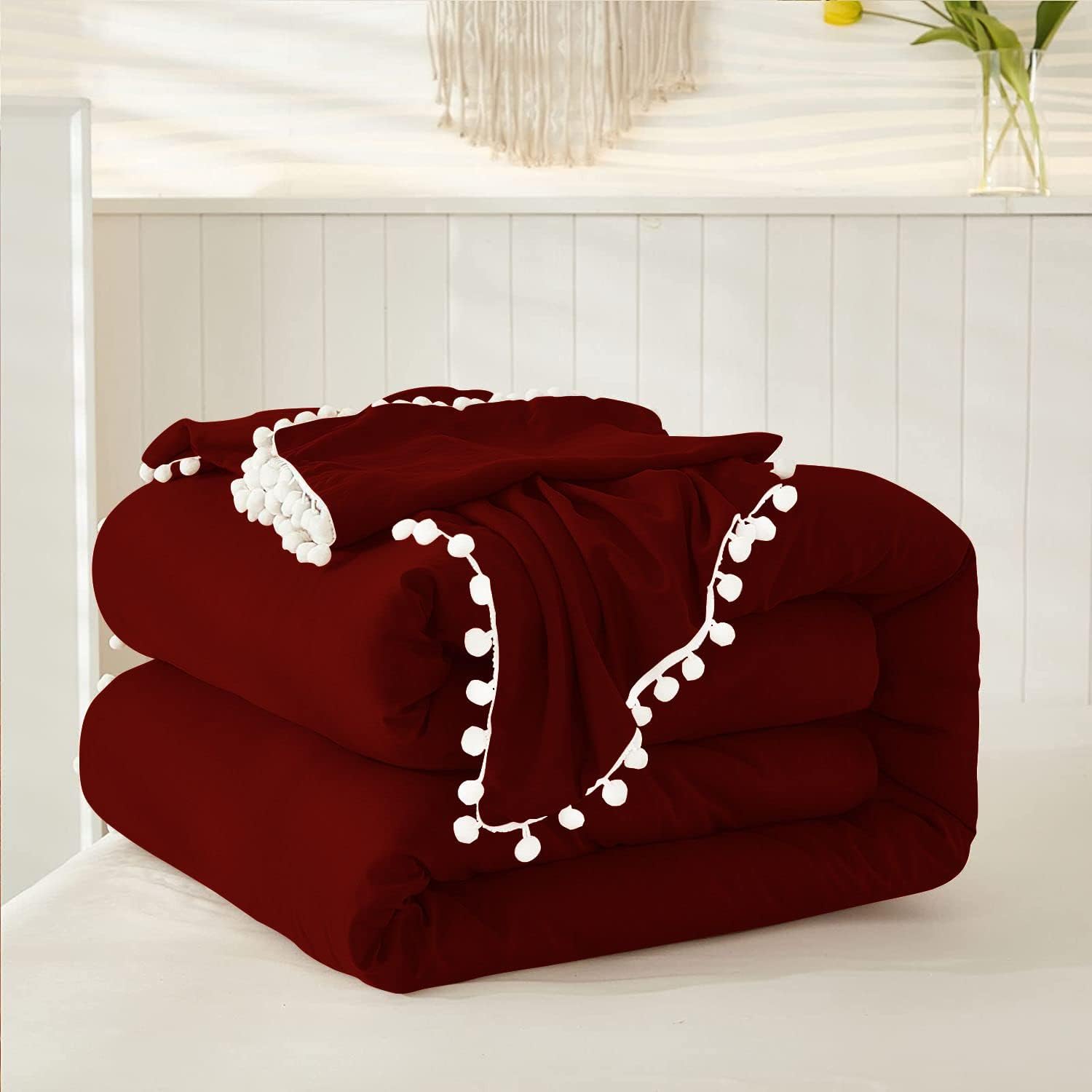 Luxury Cotton Satin Pom Fringe Duvet Cover Set-Burgundy - Aura Living
