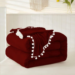 Luxury Cotton Satin Pom Fringe Duvet Cover Set-Burgundy - Aura Living