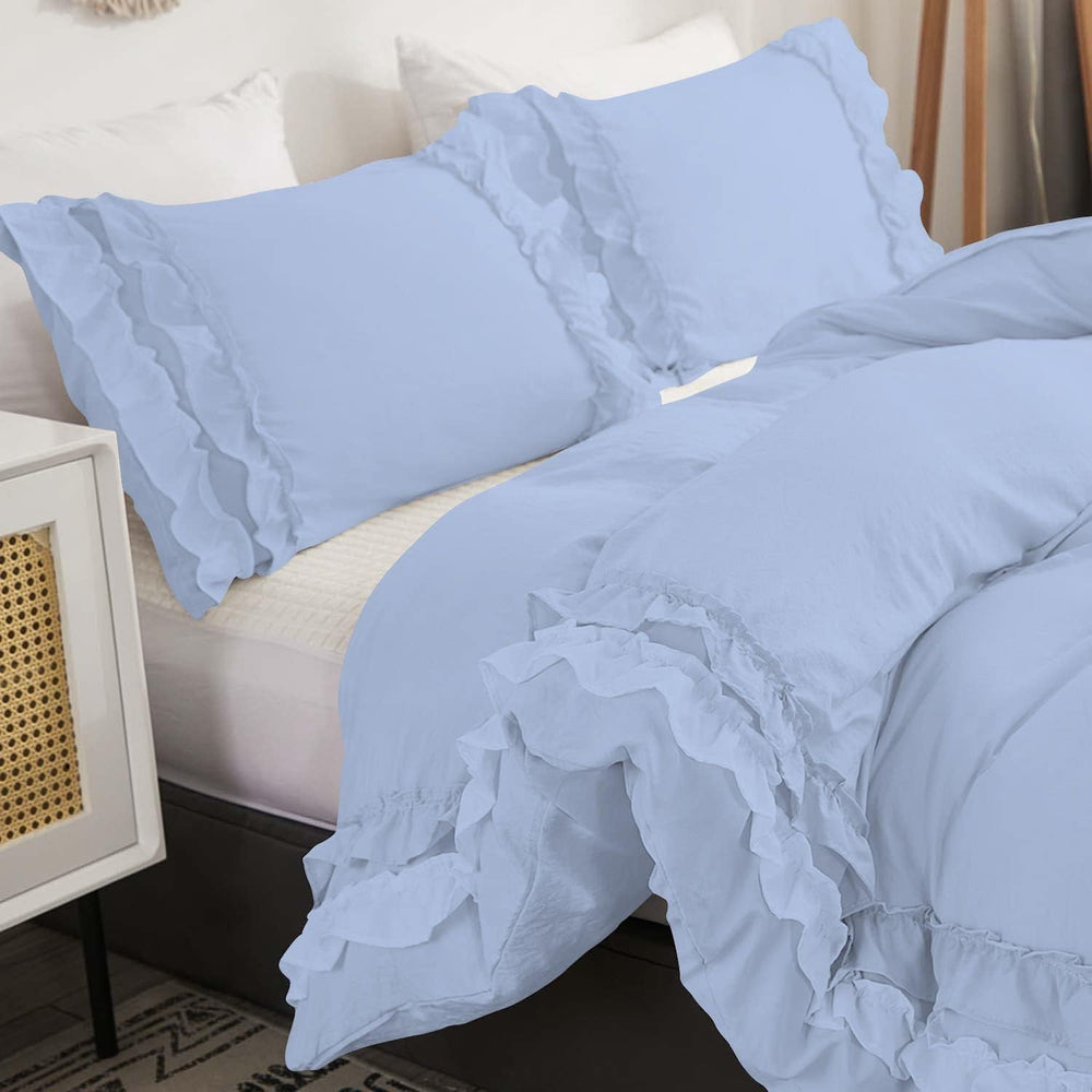 Luxury Cotton Frilled Duvet Set -Sky Blue - Aura Living