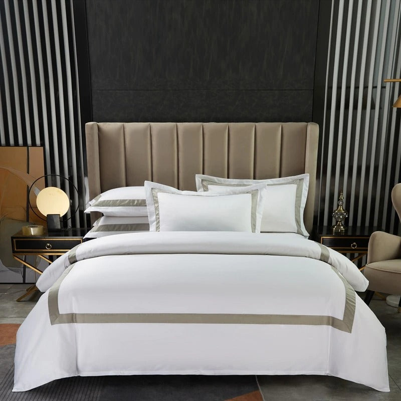 White with Beige Hotel Style Cotton Satin Duvet Set - Aura living