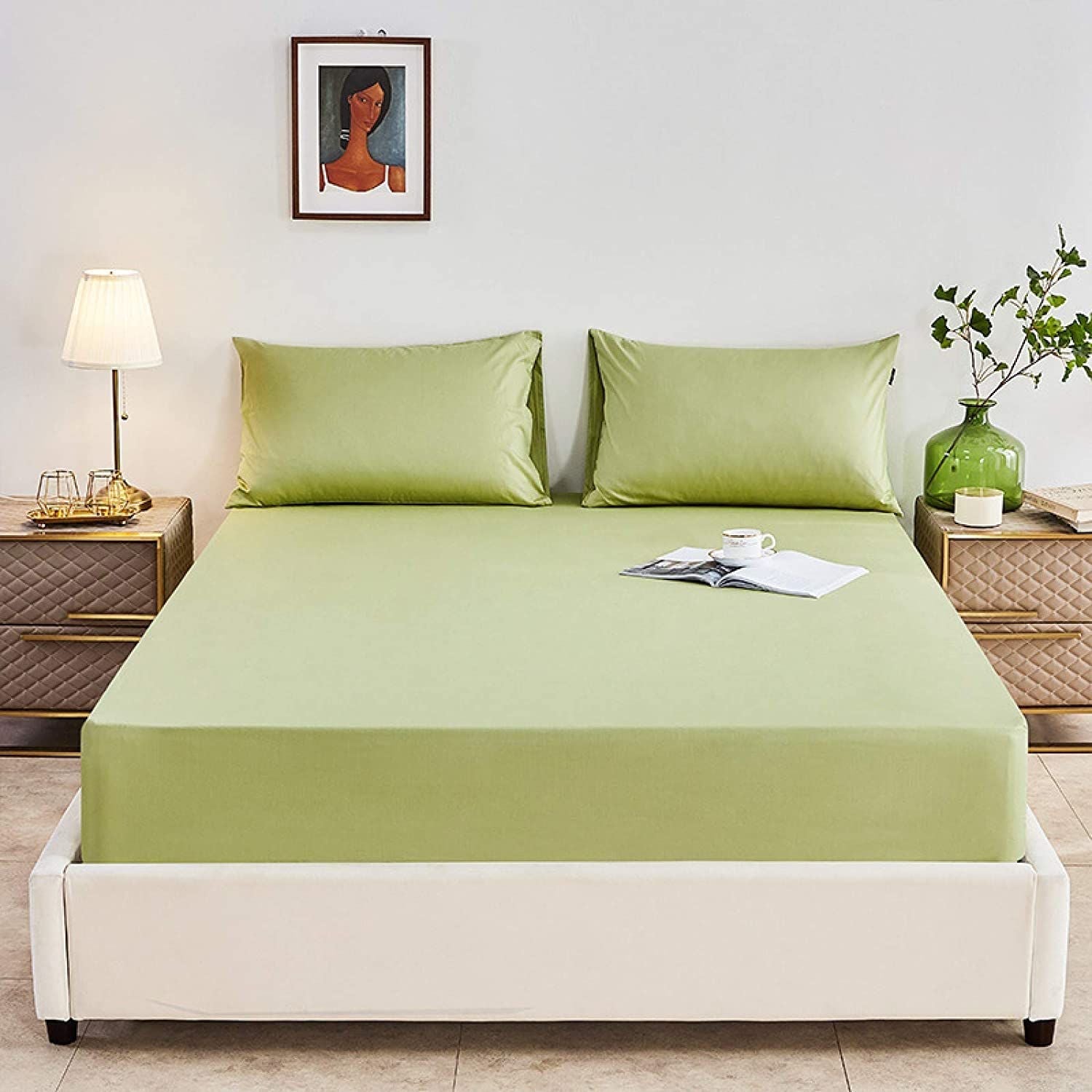 Rich Cotton Fitted Sheet with Pillow covers - Sage Green