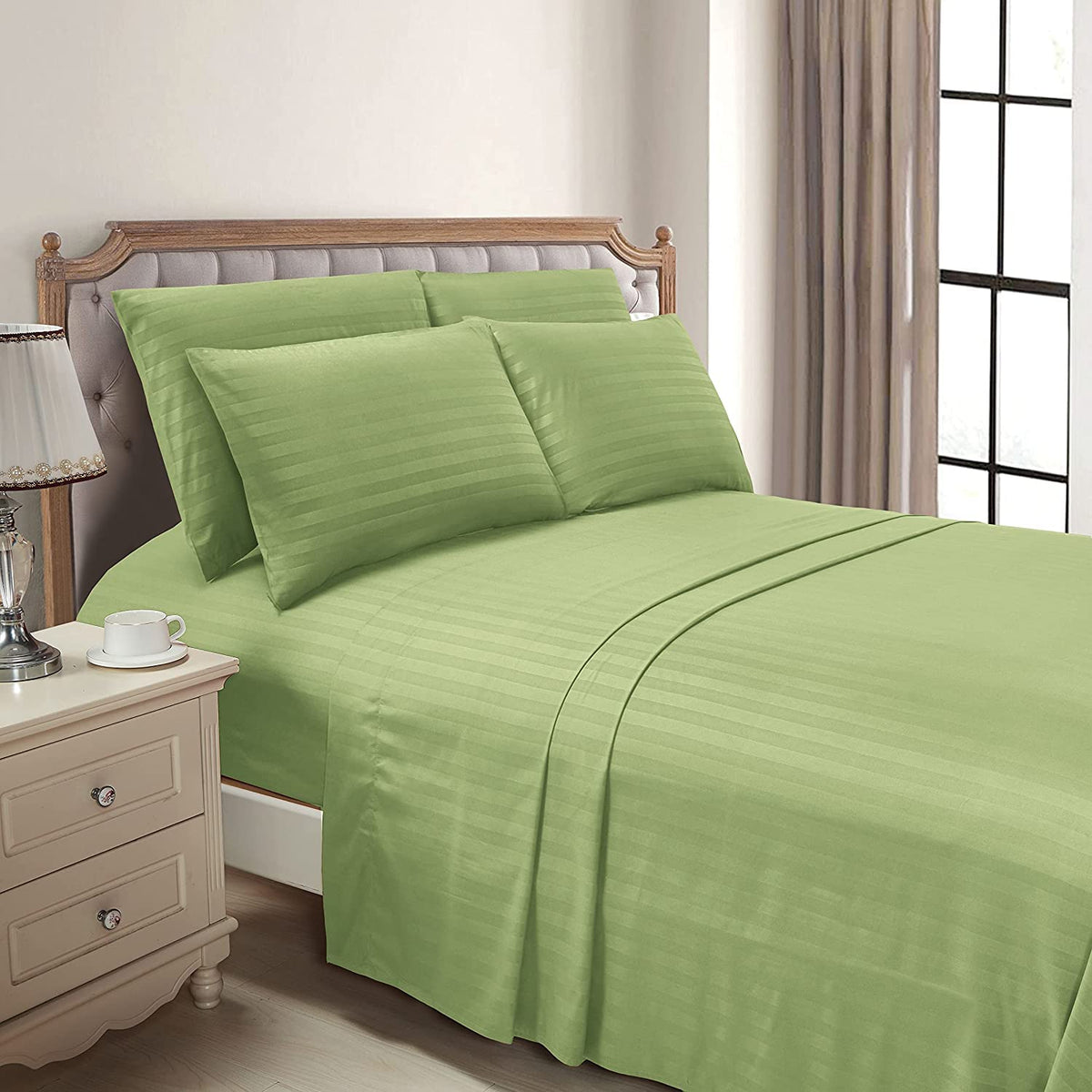 Luxury Strip Satin Bed sheet Set - Green - Aura Living