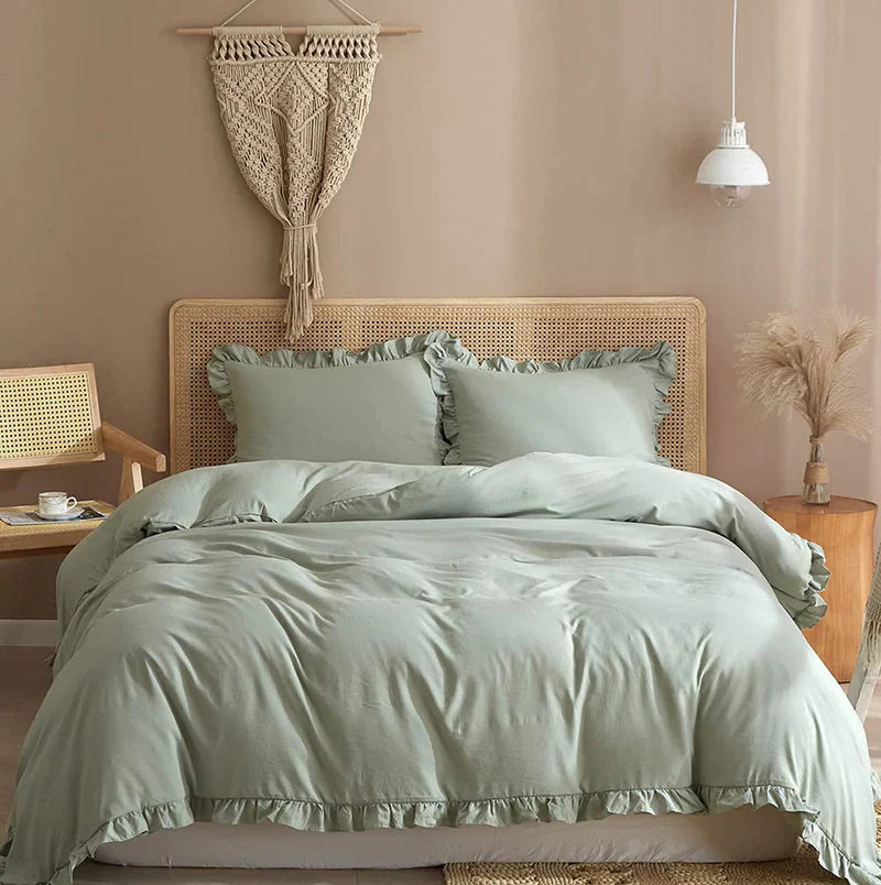 Luxury Cotton Frilled Duvet Cover Set - Beige - Aura living