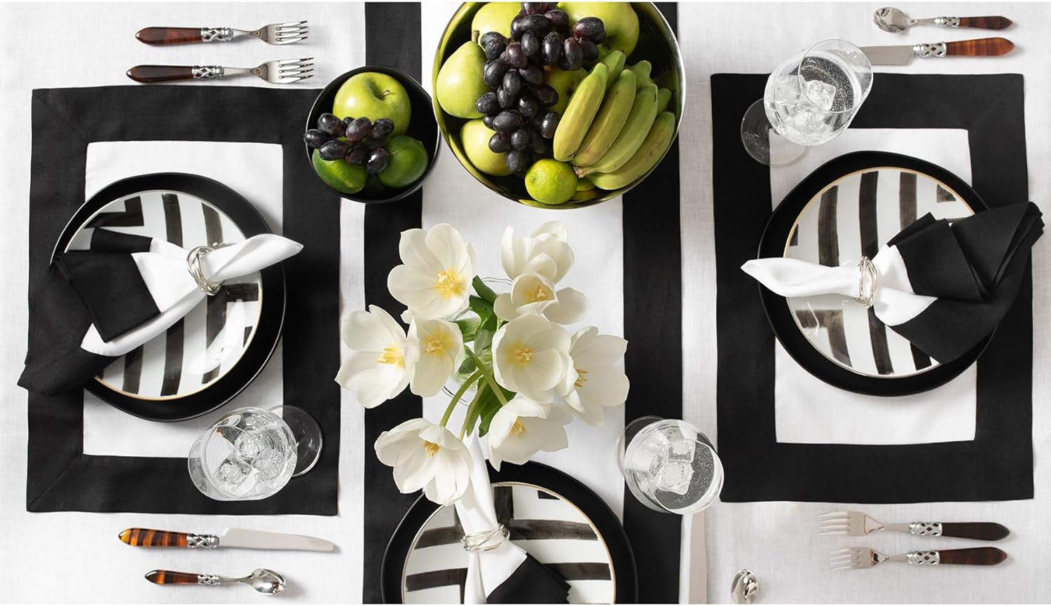 Cotton Luxury Dining Set Mited Corner Bordered - White and Black - Aura Living