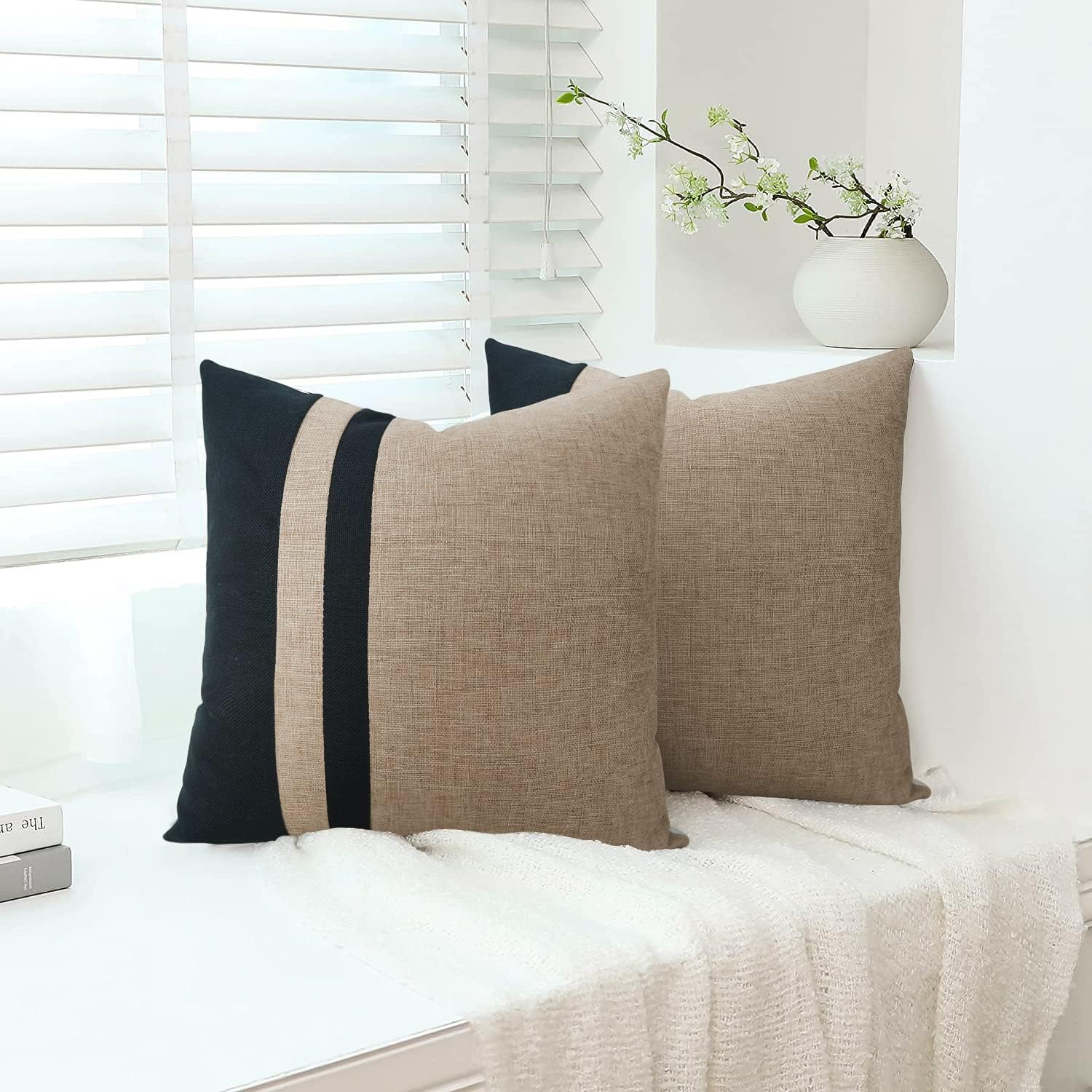 Set of 2 Black and Beige Farmhouse Jute Cushion Cover - Aura Living
