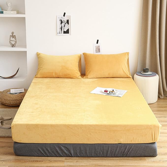 Velvet Fitted Sheet Set - Yellow - Aura living
