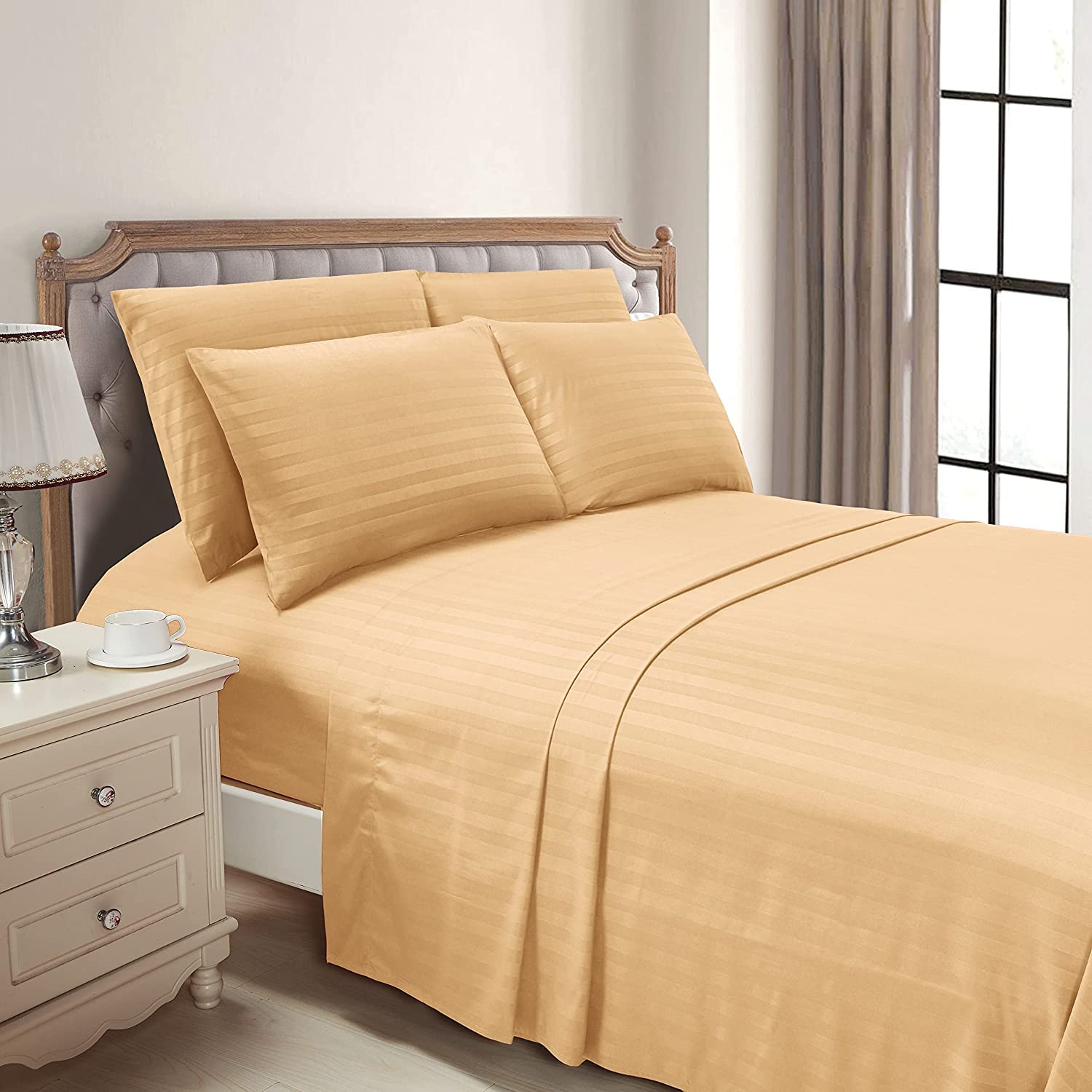 Luxury Strip Satin Bed sheet Set - Gold - Aura Living