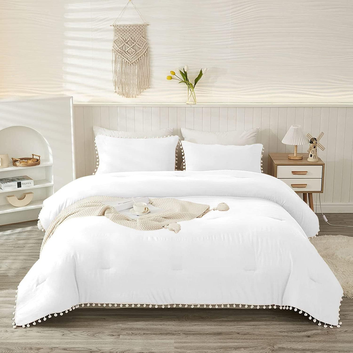 Luxury Cotton Satin Pom Fringe Duvet Cover Set-White - Aura living