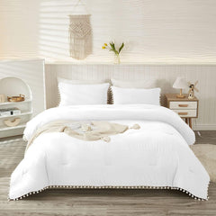 Luxury Cotton Satin Pom Fringe Duvet Cover Set-White - Aura living