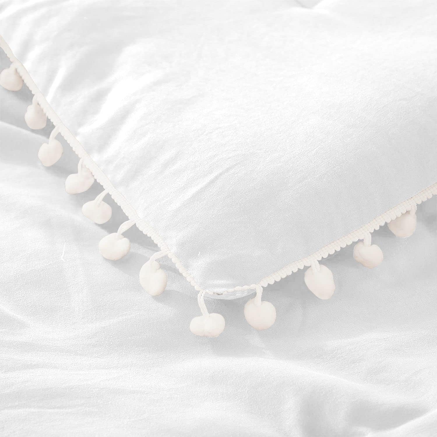 Luxury Cotton Satin Pom Fringe Duvet Cover Set-White - Aura Living