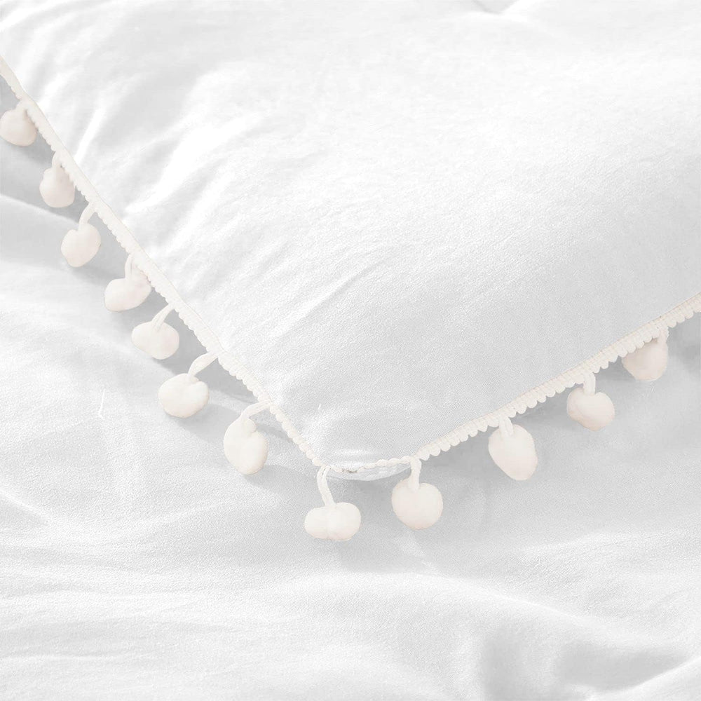Luxury Cotton Satin Pom Fringe Duvet Cover Set-White - Aura Living