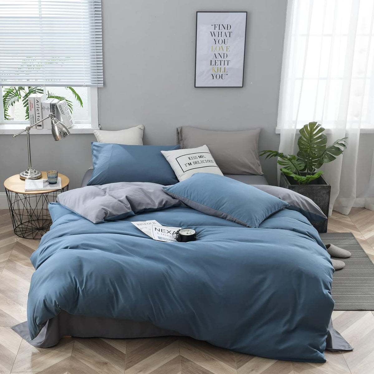 Plain Dyed Reversible Cotton Duvet Cover Set - Grey & Blue - Aura Living