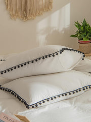 Luxury Cotton Satin Pom Fringe Duvet Cover Set- White With Black Pom Pom - Aura living