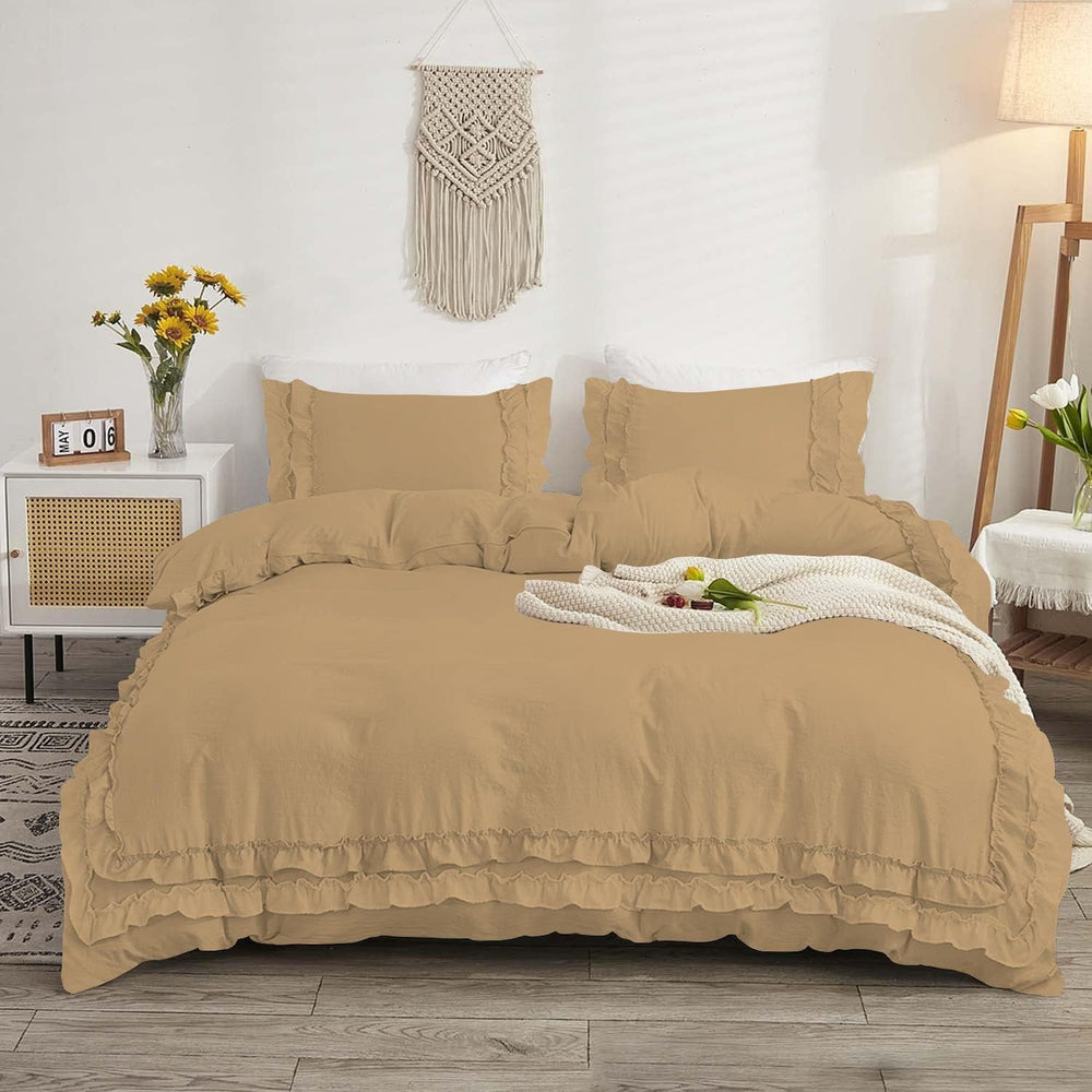 Luxury Cotton Frilled Duvet Set -Beige - Aura Living