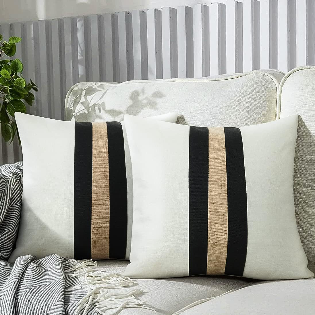 Pack of 2 Boho Modern Accent Jute Striped Cushion Cover Black and Beige Strip - Aura living