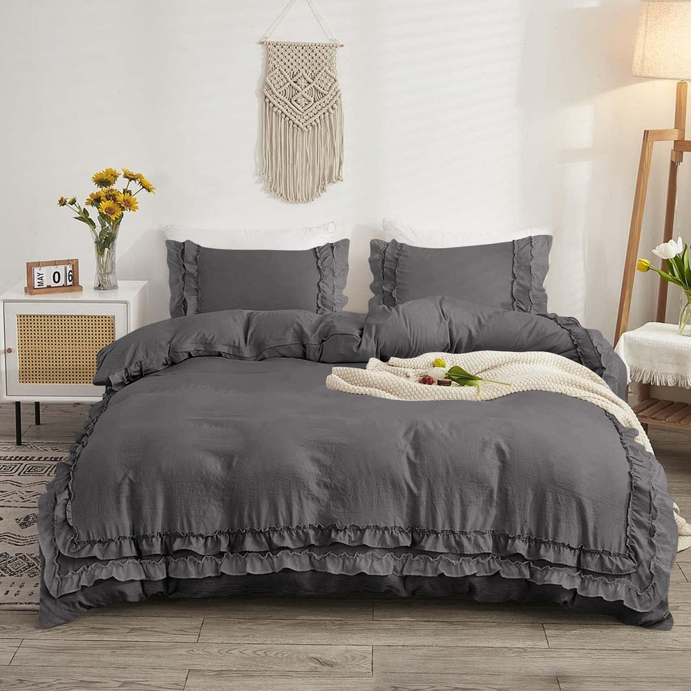 Luxury Cotton Frilled Duvet Set -Charcoal - Aura Living