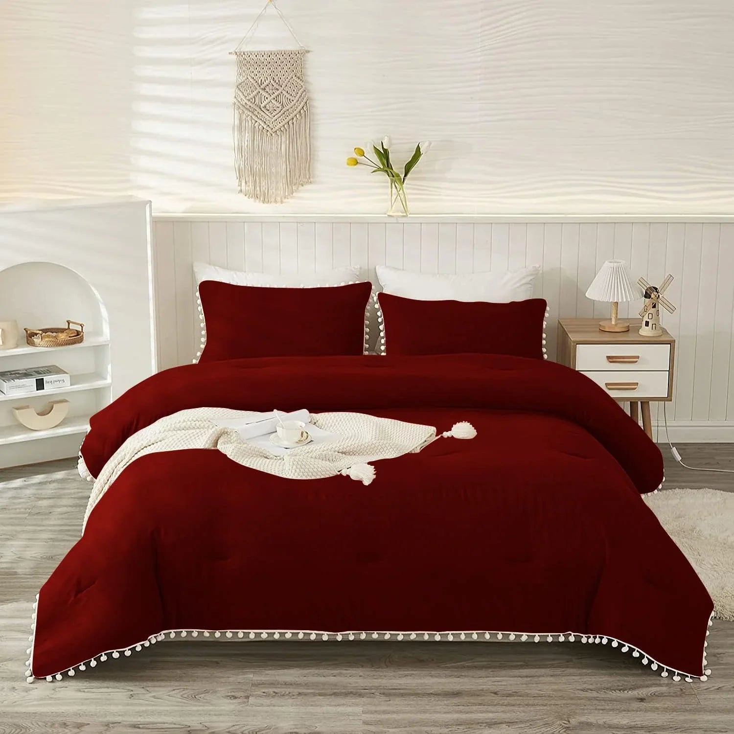 Plain Cotton Duvet Cover Set With Pom Poms