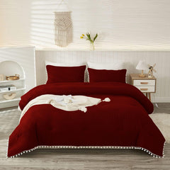 Luxury Cotton Satin Pom Fringe Duvet Cover Set-Burgundy - Aura Living