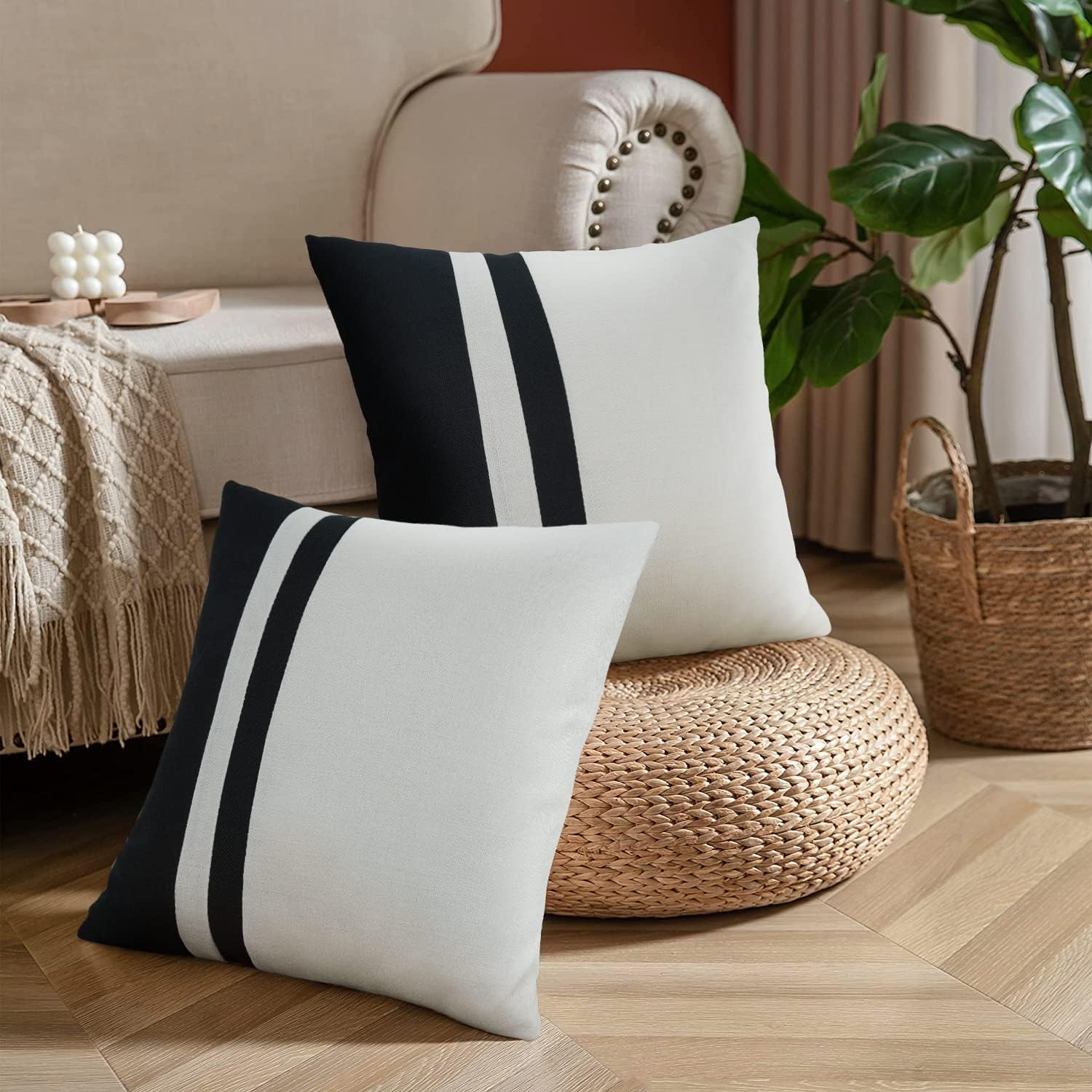 Set of 2 Black and White Farmhouse Jute Cushion Cover - Aura Living