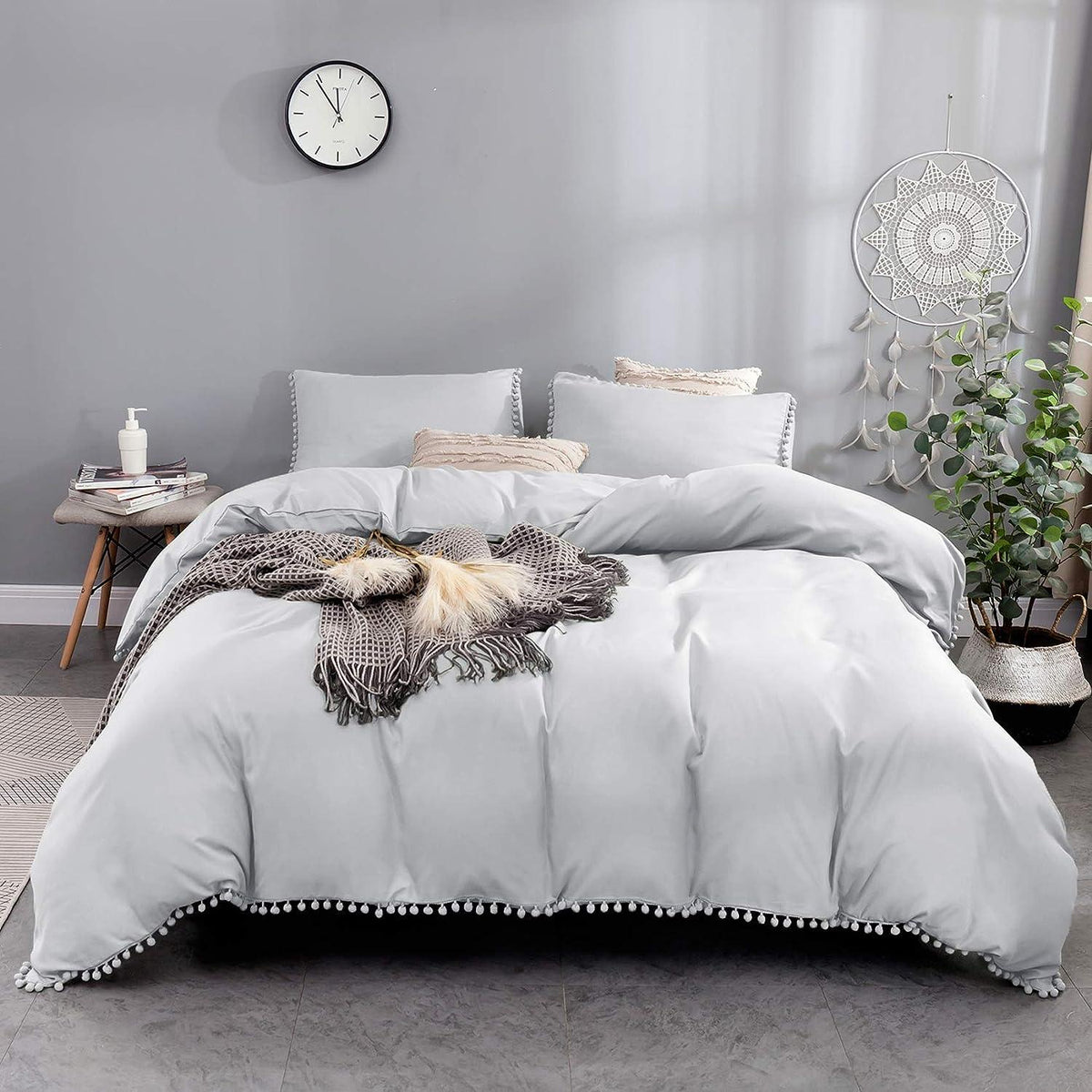 Luxury Cotton Satin Pom Fringe Duvet Cover Set - Silver - Aura Living