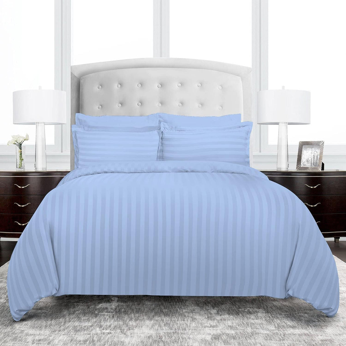 Luxury100% Egyptian Cotton Satin Stripe Duvet Cover Set -Sky Blue - Aura Living
