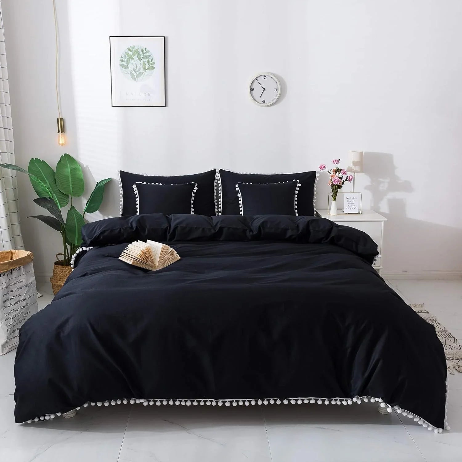 Plain Cotton Duvet Cover Set With Pom Poms