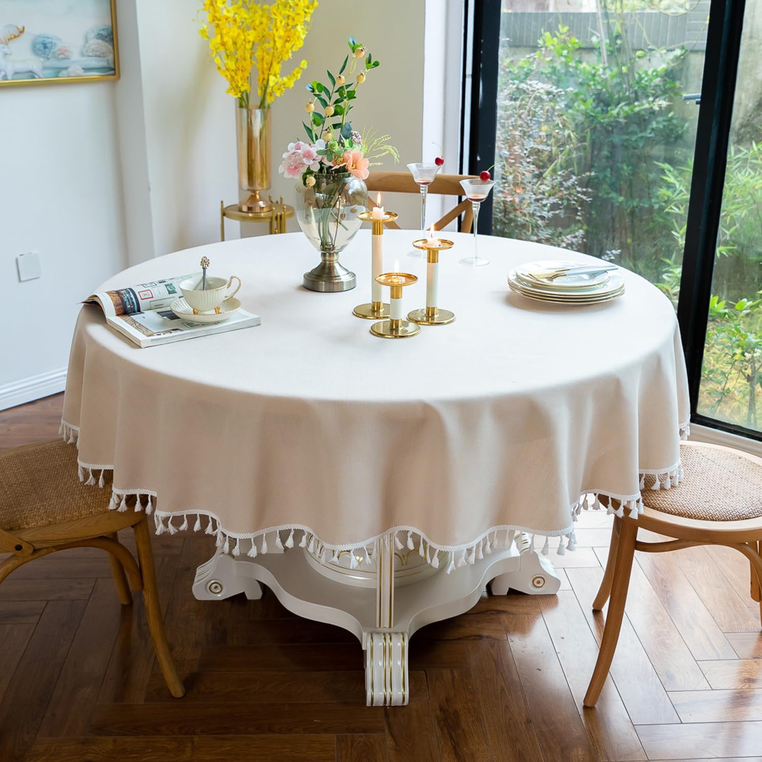 Cotton Decorative Round Tablecloth With Tesals-