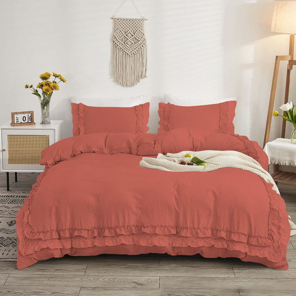 Luxury Cotton Frilled Duvet Set -Burgundy - Aura Living