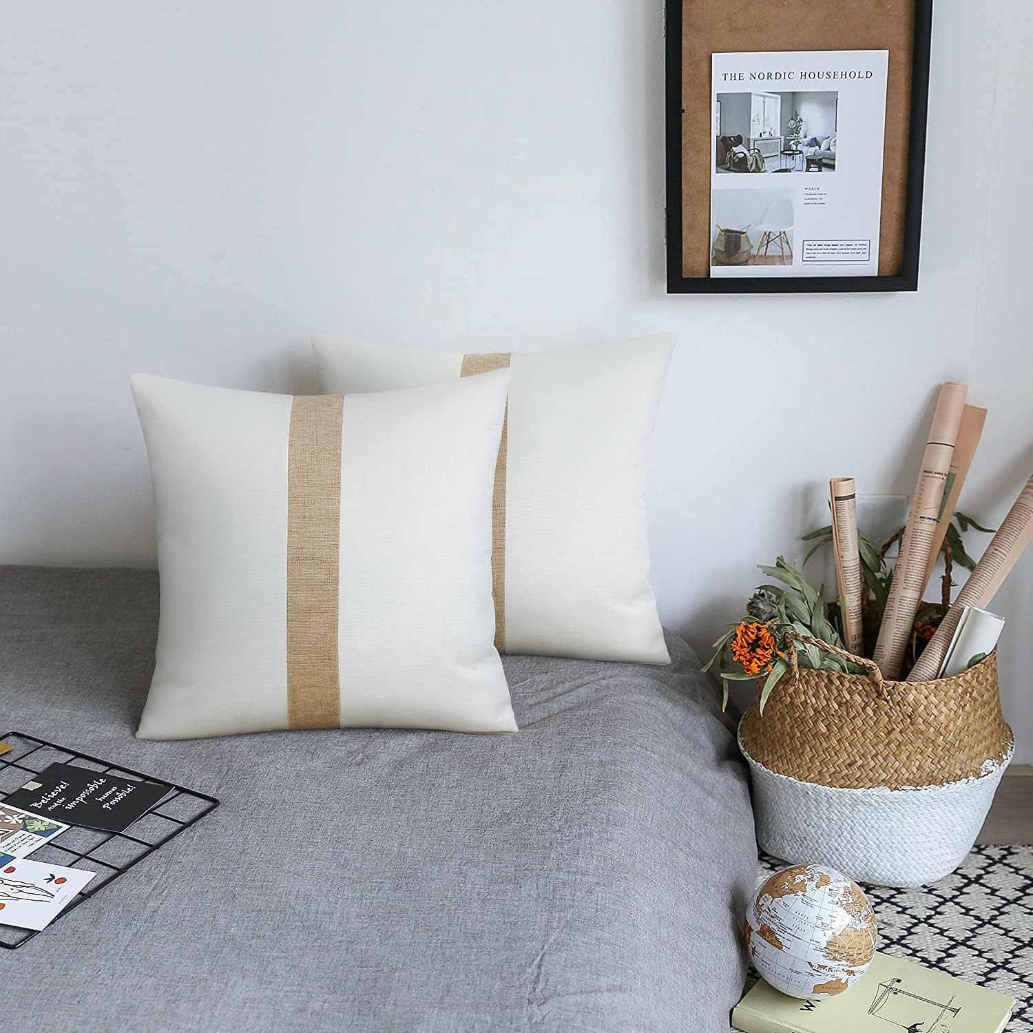 Pack of 2 Boho Modern Accent Jute Striped Cushion Cover Beige Strip - Aura Living