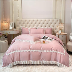 Luxury Cotton Satin Frilled Duvet Set With Lace - Pink - Aura Living
