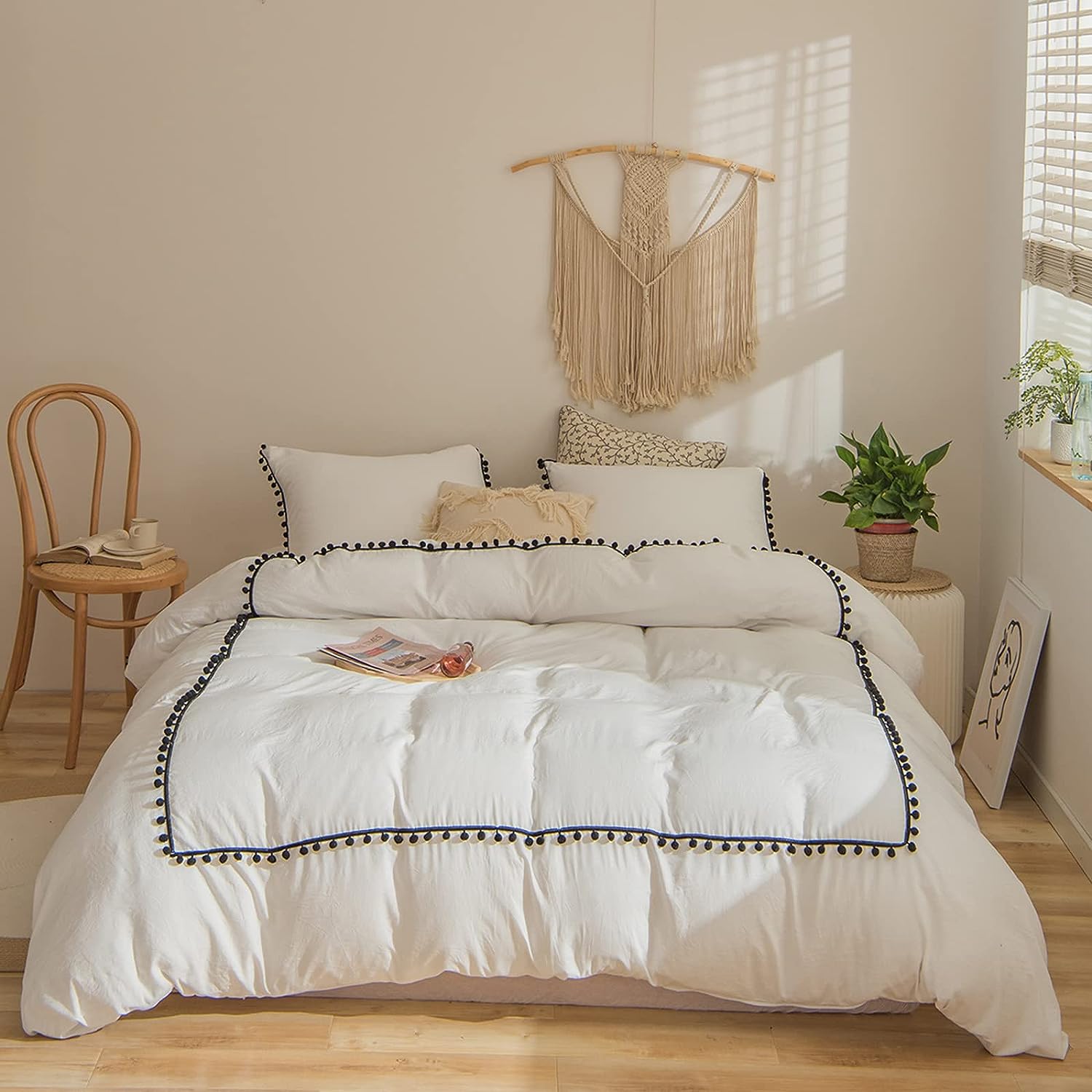 Luxury Cotton Satin Pom Fringe Duvet Cover Set- White With Black Pom Pom - Aura living