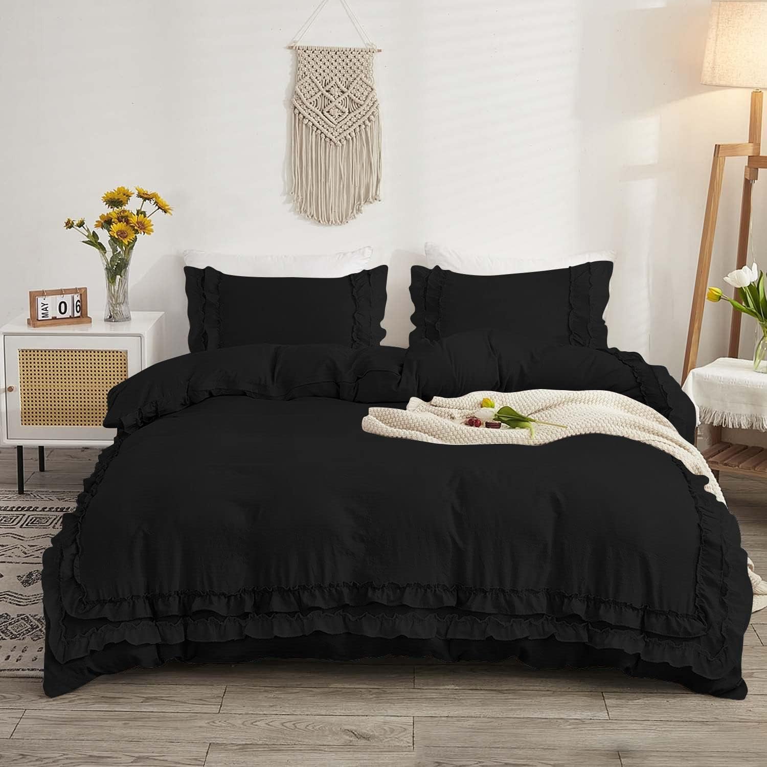Luxury Cotton Frilled Duvet Set Black - Aura living