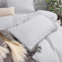 Luxury Cotton Satin Pom Fringe Duvet Cover Set - Silver - Aura Living