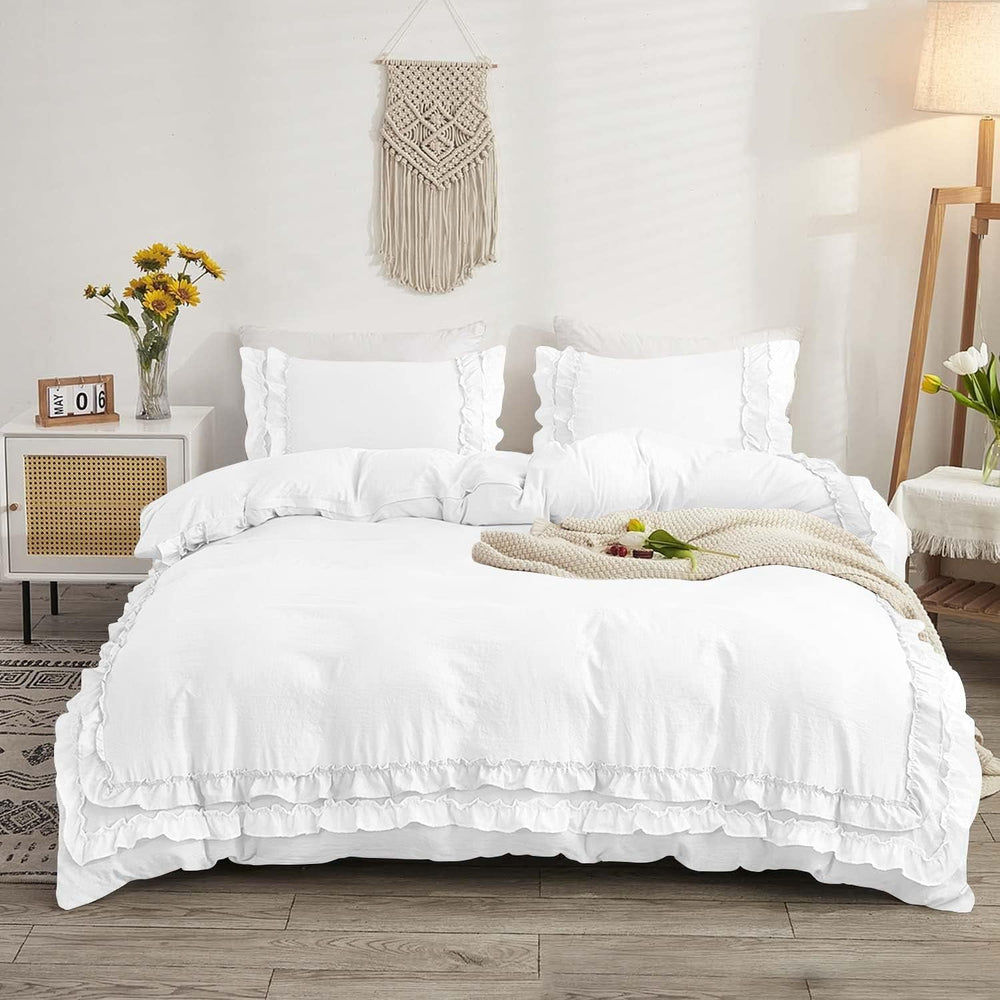 Luxury Cotton Frilled Duvet Set-White - Aura living