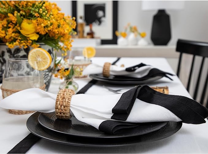 Cotton Luxury Dining Set Mited Corner Bordered - White and Black - Aura living